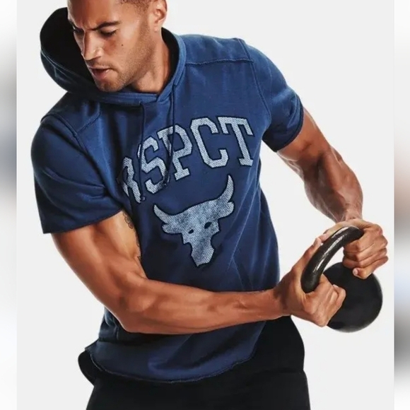 Under Armour Project Rock Terry Shortsleeve Hoodie Mens Size Large Loose Fit Blu - Picture 1 of 10